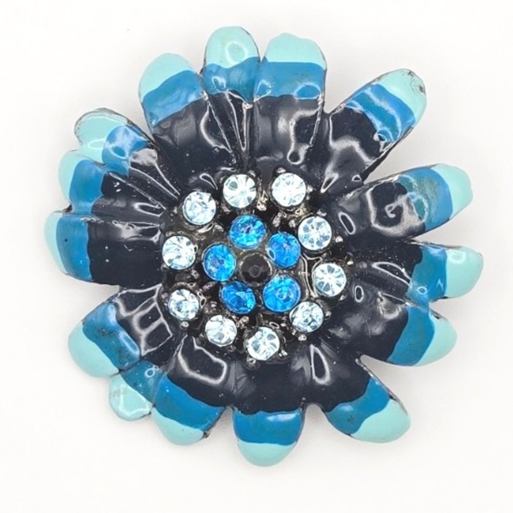 Flower Brooch Pin Blue Black Enamel Rhinestone Gem Accent Floral